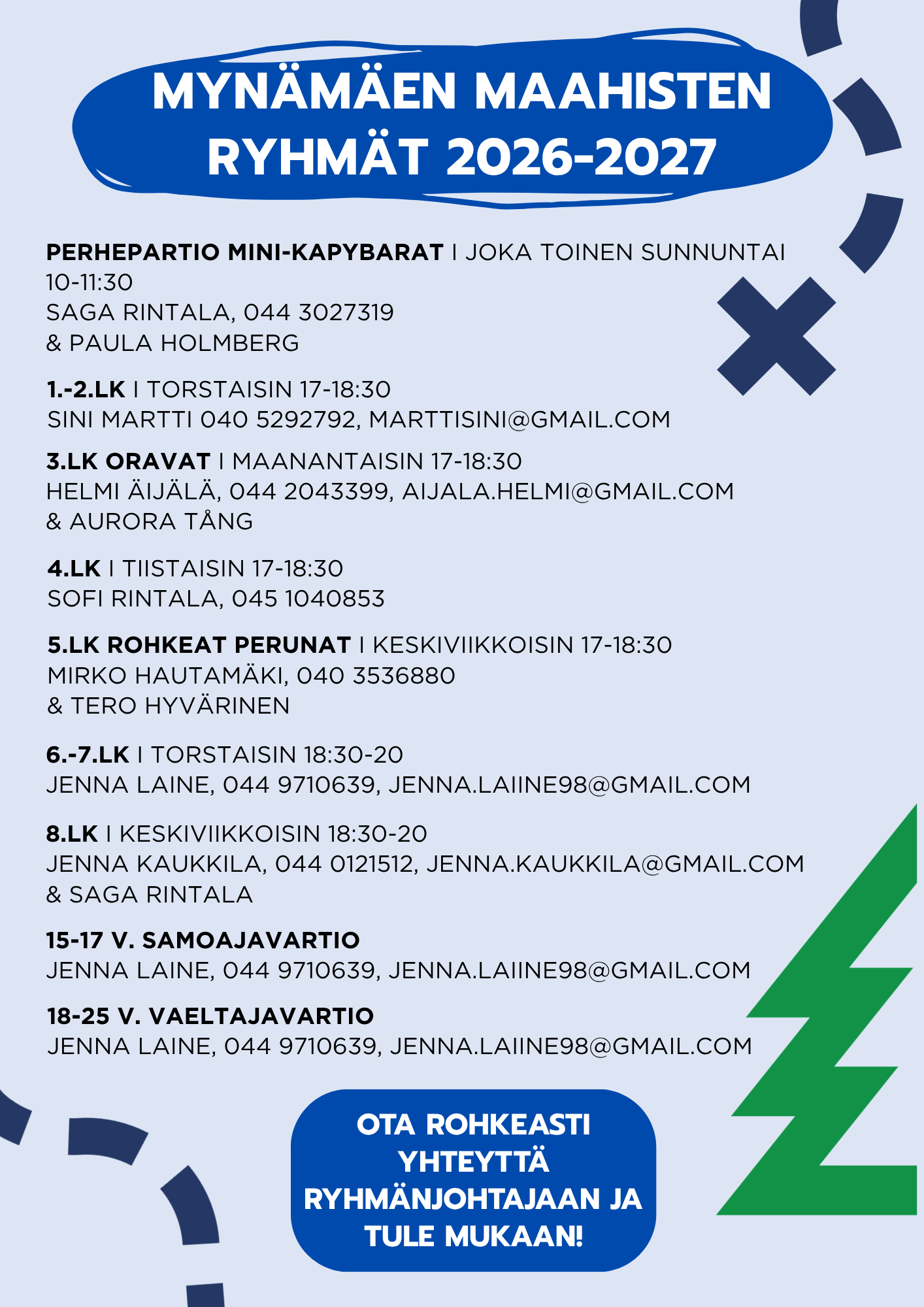 Mynämäen Maahisten ryhmät 2026-2027. Perhepartio Mini-Kapybarat joka toinen sunnuntai kello 10.00-11.30. Saga Rintala 044 3027319 ja Paula Holmberg. 1.-2.-luokkalaiset torstaisin kello 17.00-18.30. Sini Martti 040 5292792. 3.-luokkalaiset Oravat maanantaisin kello 17.00-18.30. Helmi Äijälä 044 2043399 ja Aurora Tång. 4.-luokkalaiset tiistaisin kello 17.00-18.30. Sofi Rintala 045 1040853. 5.-luokkalaiset Rohkeat Perunat keskiviikkoisin kello 17.00-18.30. Mirko Hautamäki 040 3536880 ja Tero Hyvärinen. 6.-7.-luokkalaiset torstaisin kello 18.30-20.00. Jenna Laine 044 9710639. 8.-luokkalaiset keskiviikkoisin kello 18.30-20.00. Jenna Kaukkila 044 0121512 ja Saga Rintala. 17-25-vuotiaiden samoaja- ja vaeltajavartio. Jenna Laine 044 9710639. Ota rohkeasti yhteyttä ryhmänjohtajaan ja tule mukaan!